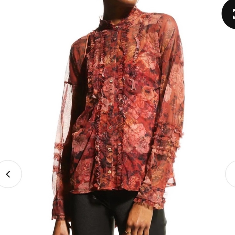 Floral Sheer Ruffle Johnny Was Blouse - Red